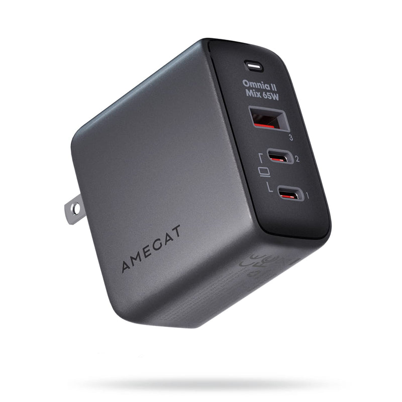 [Australia - AusPower] - AMEGAT USB C Charger 65W, Omina II 3-Port GaN III PPS Fast Charger Block, Compact Foldable Wall Charger Compatible with MacBook Pro/Air, Dell XPS 13, iPhone 14/Pro, iPad Pro, Galaxy S23, Steam Deck 