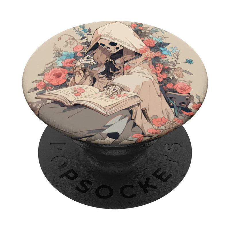 [Australia - AusPower] - Librarian Skeleton Gothic Goth Book Reading Lover Beige PopSockets Swappable PopGrip Black 