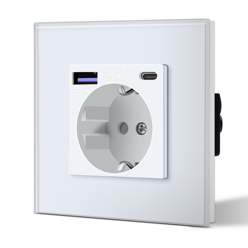 BSEED Glass Socket with 20 W USB C, Quick Charger Wall Socket, 3-in-1 Flush-Mounted Sockets, Easy Installation, 240 V 16 A, 86 mm, 1 Compartment, White 1-gang
