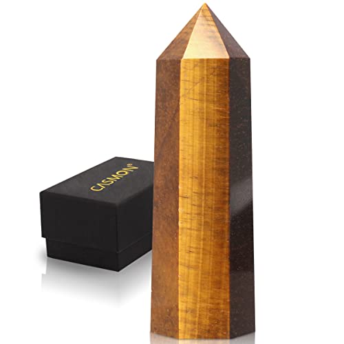 CASMON Black Obsidian Wand 3.2”-3.5” Healing Crystal Tower, Natural Large 6 Faceted Prism Point Wand Stone with Gift Box (Tiger's-Eye, 85-90mm) Tiger's-eye