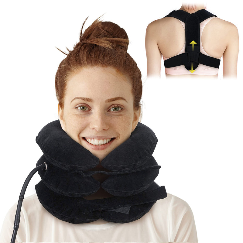 [Australia - AusPower] - Cervical Neck Traction Device & Posture Corrector for Women and Men, FSA HSA Eligible Inflatable Neck Stretcher Brace for Decompression, Adjustable Upper Back Brace & Elastic Support (Carbon Black) Carbon Black 