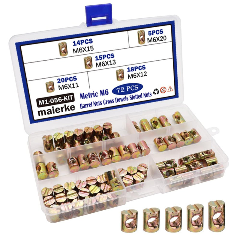 [Australia - AusPower] - 72PCS Metric M6 Barrel Bolts Cross Dowel Slotted Nuts Furniture Nuts,M6 x 11mm/12mm/13mm/15mm/20mm Nuts Kit for Beds Crib Chairs M1-056-kit 