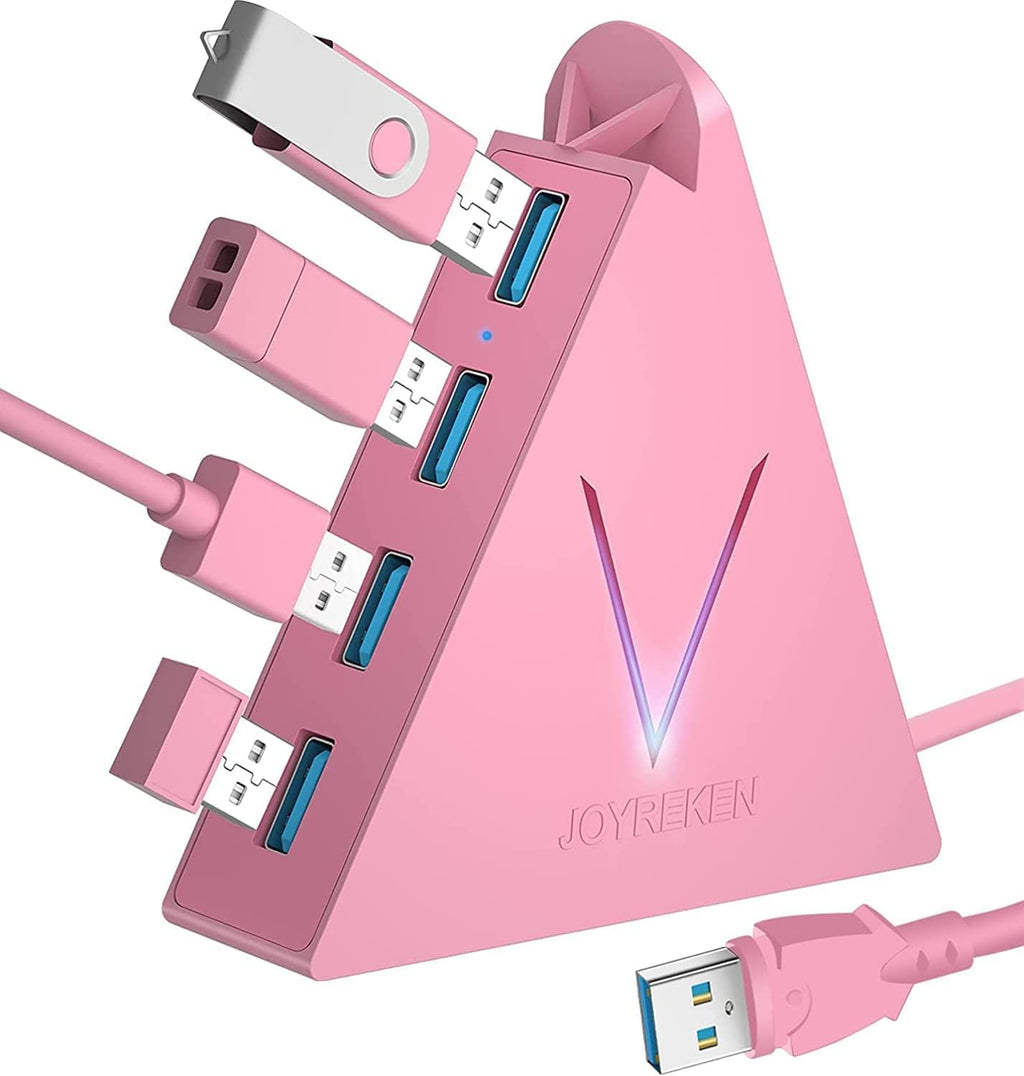 [Australia - AusPower] - JoyReken 4-Port USB 3.0 Hub with 4 ft Extended Cable, FlyingVHUB Vertical Data USB Hub, for Mac, PC, Xbox One, PS4, PS5, iMac, Surface Pro, XPS, Laptop, Desktop, Flash Drive, Mobile HDD (Pink) 4ft Pink 