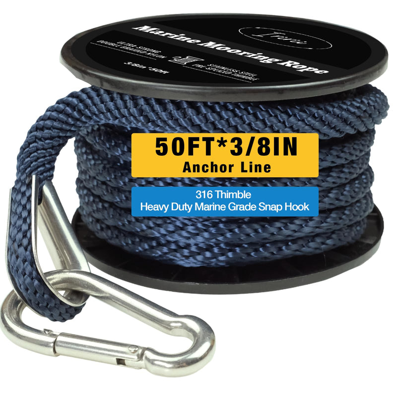 Double Braided Nylon Boat Anchor Rope 3/8inch with 316 Stainless Steel Thimble and Heavy Duty Snap Hook Marine Grade Anchor line Black (Navy Blue, 50Feet) Navy Blue