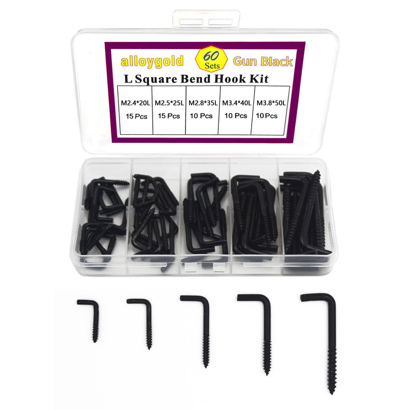 [Australia - AusPower] - 60 pieces 5 sizes Gun Black spiral in square bend hook kit, galvanized square bend hook self tapping screw hook for home/workplace/office Black60pcs5size 