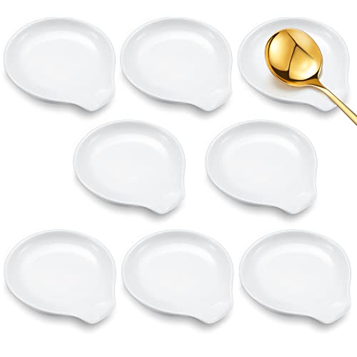 Set of 8 white ceramic spoon rests from Irenare, each measuring 3.74 inches, designed for stove tops and kitchen use.