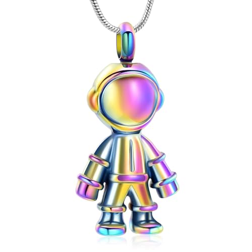Astronaut Urn Necklace for Ashes Cremation Jewelry for Women Men Stainless Steel Spaceman Memorial Necklaces Ash Holder for Human Pets Keepsake Jewelry for Loved Ones with Fill Tool Rainbow