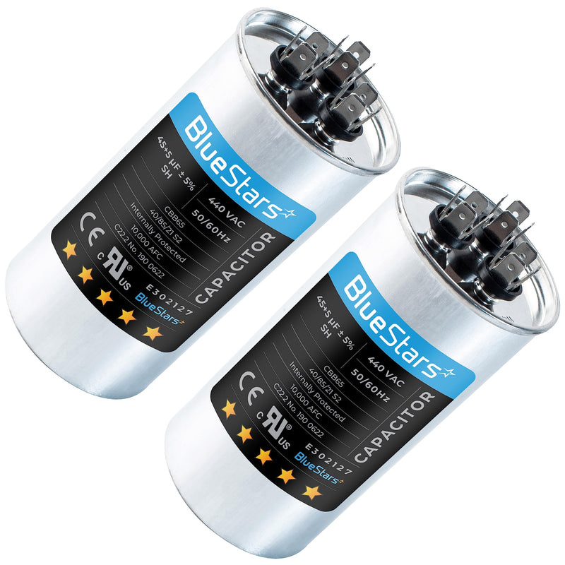 [UL Certified] BlueStars 2 Packs 45+5 uF 45/5 MFD 370V or 440V Round Dual Circular Run Capacitor CBB65 50/60 Hz - Compatible for AC Motor Run or Fan Start or Condenser Straight 45+5 MFD
