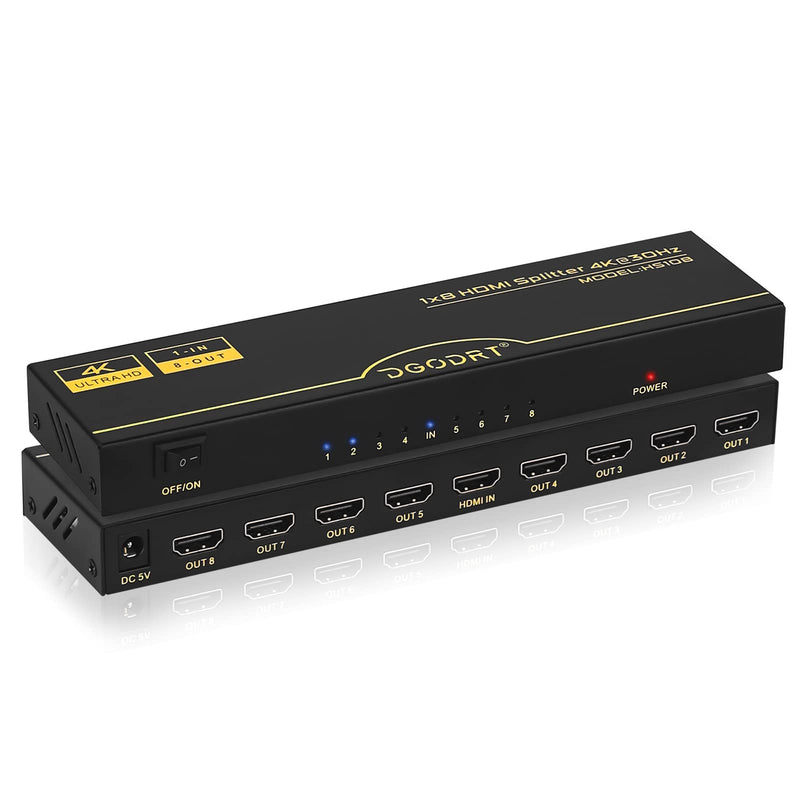 [Australia - AusPower] - DGODRT 4K 1x8 HDMI Splitter, 8 Port HDMI Splitter 1 in 8 Out Powered HDMI Video Splitter Support 4K@30Hz 3D HDCP1.4 Compatible with HDTV, STB, DVD, PS3/4, Projector 