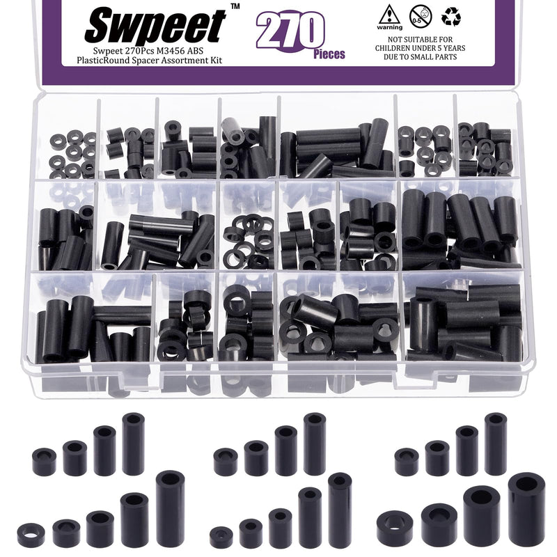 [Australia - AusPower] - Swpeet 270Pcs 18 Sizes Black Nylon Round Spacer Standoff Screw Nut Assortment Kit, Nylon ABS Plastic Standoff, Length 3mm 5mm 6mm 8mm 10mm 12mm 18mm 20mm 25mm for M3 M4 M5 M6 Screws Prototyping 