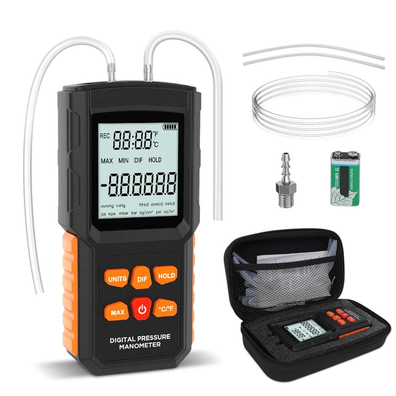 Upgraded Manometer ±100Kpa/14.5Psi Wide Range Manometer Gas Pressure Tester Dual-Port Digital Manometer HVAC 12 Measurement Units Manometer Lp Gas Pressure Tester with Battery,5 Hoses Manometer Gauge