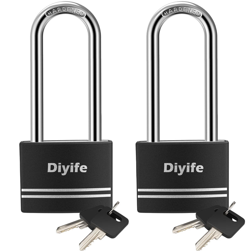 Padlock with Key, [2 Pack] [Waterproof] Lock with Key, Long Shackle Padlocks for Outdoor Anti-Rust, Small Covered Aluminum Padlock with 4 Alike Keys for Gym Locker, Fence, Shed Long-2 Pack