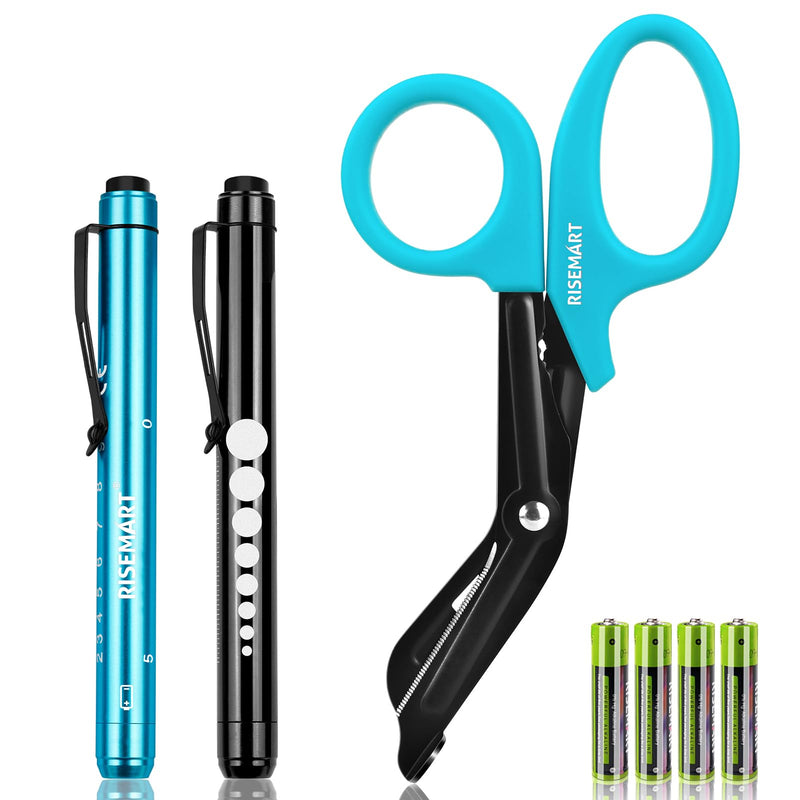 [Australia - AusPower] - Trauma Shears & Pen light for nurses - 7.5" Fluoride Coated Medical scissors and LED Penlight for Nurse, Doctor, First Aid, EMT, EMS, Nursing (Black Bandage Scissor + Black & Blue Pen lights) Blue Scissor and Black&blue Penlight 