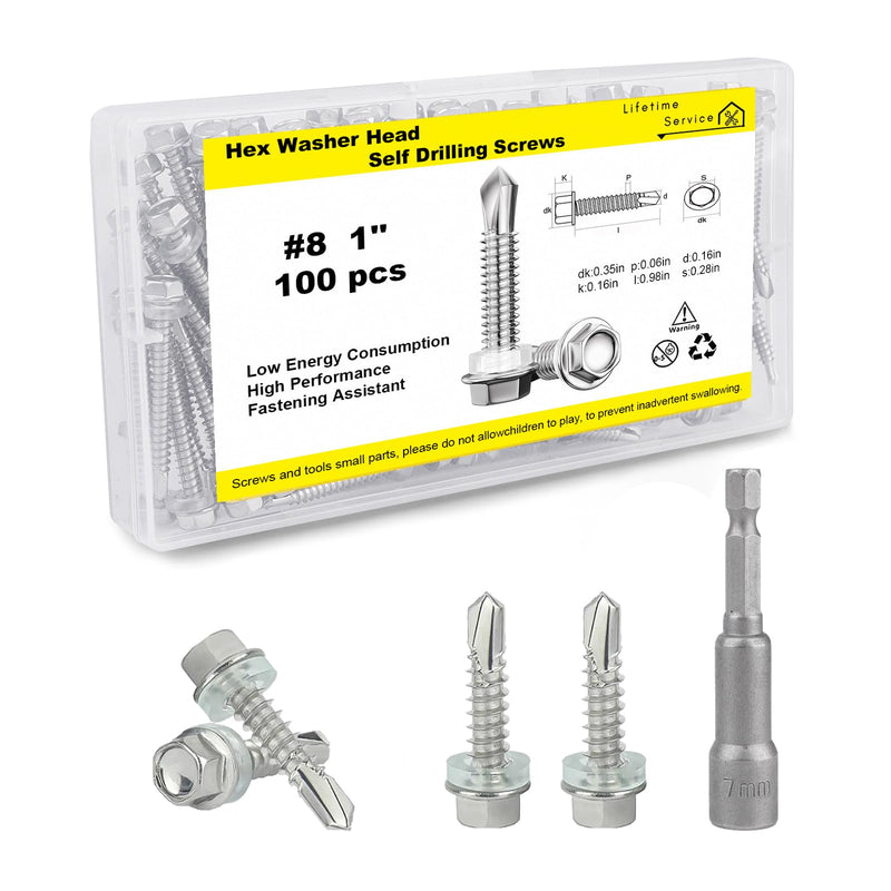 [Australia - AusPower] - #8×1" Hex Washer Head Self-Drilling Screws, 410 Stainless Steel Self-Tapping Sheet Metal Tek Screws with Waterproof Washers and Phillips Screwdriver. (100 pcs) #8x1''-100 Pcs 