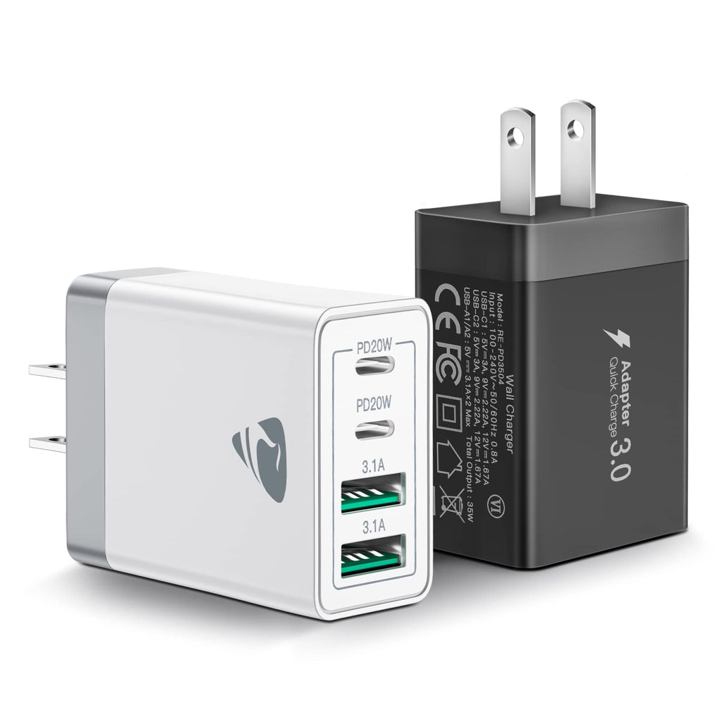 [Australia - AusPower] - [2-Pack] USB C Wall Charger, Aiminu 40W 4-Port Fast USB C Charger Dual Port QC+PD 3.0 Power Adapter, Double Fast Plug Type C Charging Block for iPhone 14/14 Plus/14 Pro Max/13/12/11/XS/XR,Cube Charger black 