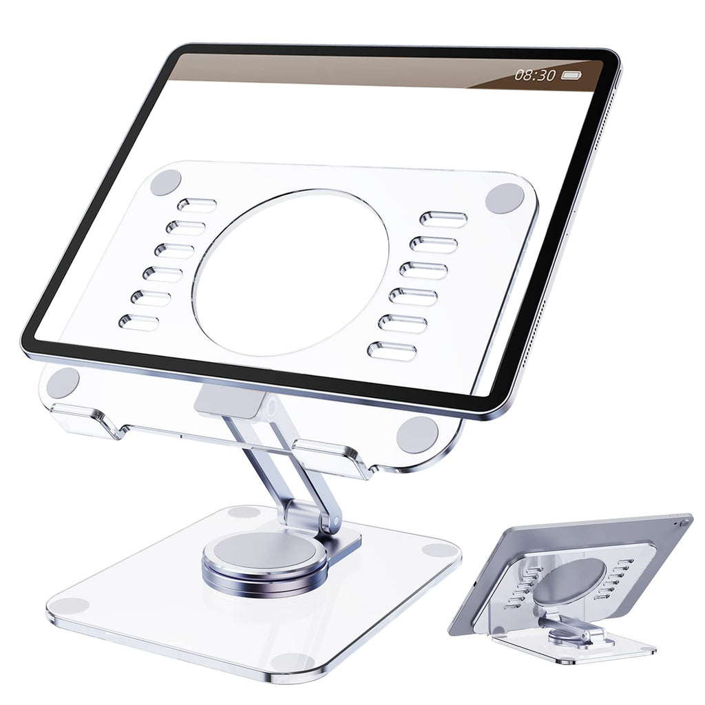 [Australia - AusPower] - Tablet Stand for Desk, Stable Tablet Holder Acrylic iPad Stand with 360 Rotating Base, Multi-Angles Adjustable and Foldable Universal Supports 4-13.3 Inches Tablet, Phone, Kindle 