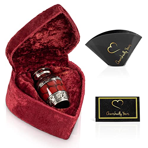 Small Keepsake Cremation Urns for Human Ashes with Velvet Heart Case and Funnel - Crimson : Deep Red Brass Hand Engraved Mini Memorial Urn Red/Crimson Small Keepsake Urn