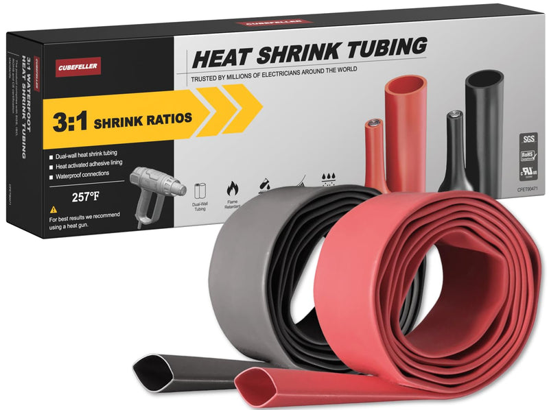 [Australia - AusPower] - CUBEFELLER® 3:1 Ratio 1/2 Inch (12.7mm) Heat Shrink Tubing Kit,Black 4ft & Red 4ft (2.5M Total Length), Marine Grade Waterproof Adhesive Lined, Insulation Sealing Oil-Proof Wear-Resistant,ET0812BR 12.7mm (1/2") - 4ftt *2 Red & Black 