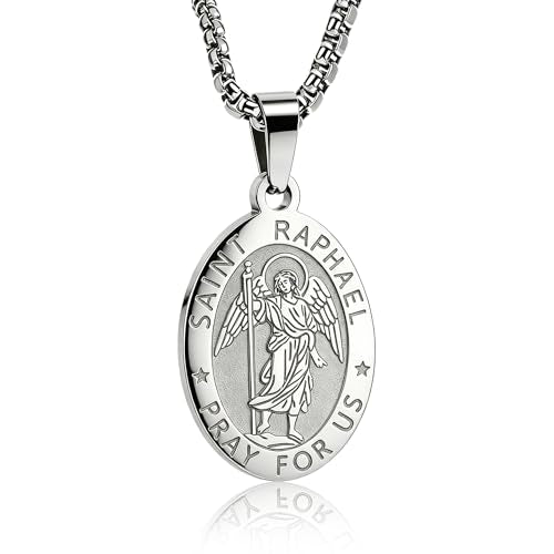 Patron Saint Medal Necklace for Men Women, Stainless Steel, 24" Silver Saint Raphael