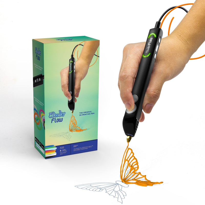 [Australia - AusPower] - 3Doodler Flow 3D Printing Pen for Teens, Adults & Creators! - Black - with Free Refill Filaments + Stencil Book + Getting Started Guide 