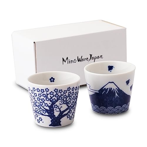 Japanese Sake Cups Set of 2- Sakura and Mt. Fuji Design, Indigo Color Pottery, 3.9 fl oz, For Cold and Hot Drink, Soup Cup Aperitif Tea Cup with Gift Box