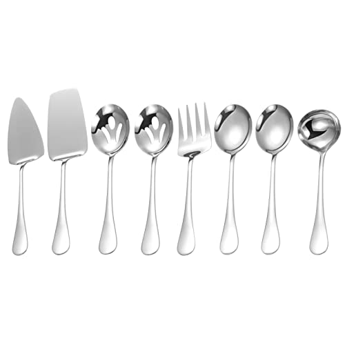 Stainless Steel Serving Utensils,8 Pcs Serving Set with Serving Spoons,Serving Fork,Soup Ladle,Lasagna Server,Pie Server,Polished Serving Utensil Set for Buffet Parties Home,Dishwasher Safe Silver 8 Pcs