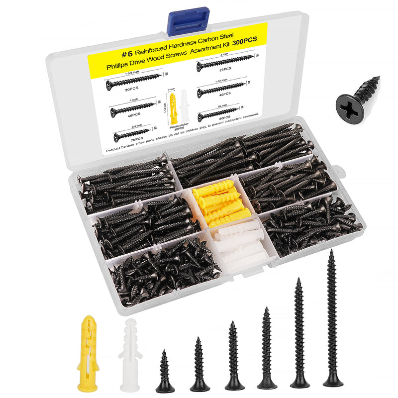 [Australia - AusPower] - M3.5 Wood Screw Assembly Kit,Drywall Screws,Phillips Drive Flat Head Self Tapping Screw Set,Kitchen Cabinet Drywall Small Screws 300 Pcs,Length 5/8" to 2",Oxide Coated Deck Black or DIY Fasteners. #6 Assortment Kit(300 PCS) 