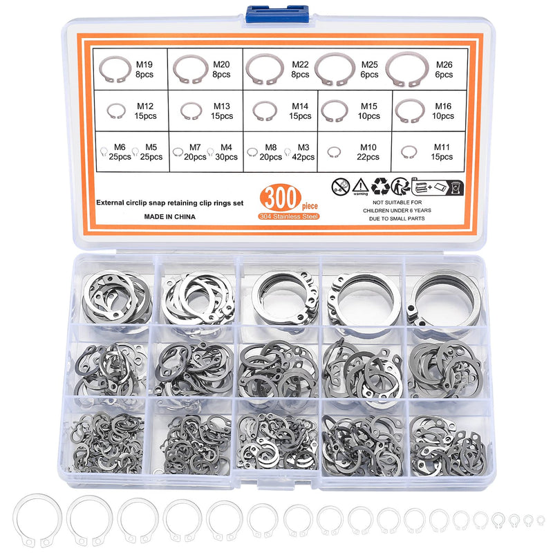 [Australia - AusPower] - 300 Pcs Retaining Ring Set, Internal Snap Rings Kits, Stainless Steel External Circlip Snap Retaining Clip Rings, 18 Sizes Circlip Retaining Snap Rings Assortment Kit for Grooved Shafts, Pins, Studs 