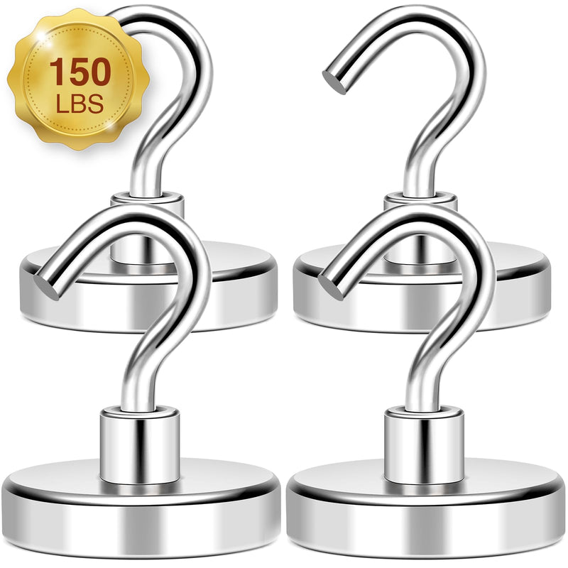 MIKEDE Magnetic Hooks Heavy Duty, 150Lbs+ Super Strong Magnet Hooks for Cruise Essentials, Neodymium Earth Magnets with Hook for Hanging, Magnetic Hanger for Fridge, Toolbox, Storage - 4 Pack 4Pack-150LB Silver