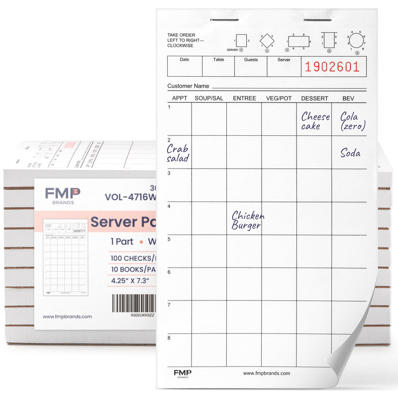 [Australia - AusPower] - FMP Brands Server Note Pads Paper, Guest Check Books, Total 500 Sheets, 5 Pads, 100 Sheets/Pad, Guest Check Pads, Order Pads for Servers, Waitress Notepads for Restaurant, Bar, Cafe, Diners White - Checkers 