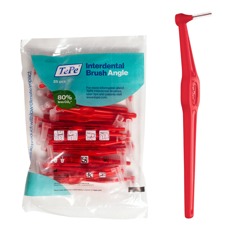 [Australia - AusPower] - TePe Interdental Brush Angle, Angled Dental Brush for Teeth Cleaning, Pack of 25, 0.5 mm, Extra-Small/Small Gaps, Red, Size 2 25 Count (Pack of 1) 