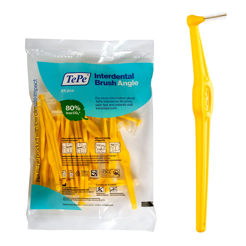 [Australia - AusPower] - TEPE Interdental Brush Angle, Angled Dental Brush for Teeth Cleaning, Pack of 25, 0.7 mm, Medium Gaps, Yellow, Size 4 1 Count (Pack of 1) 