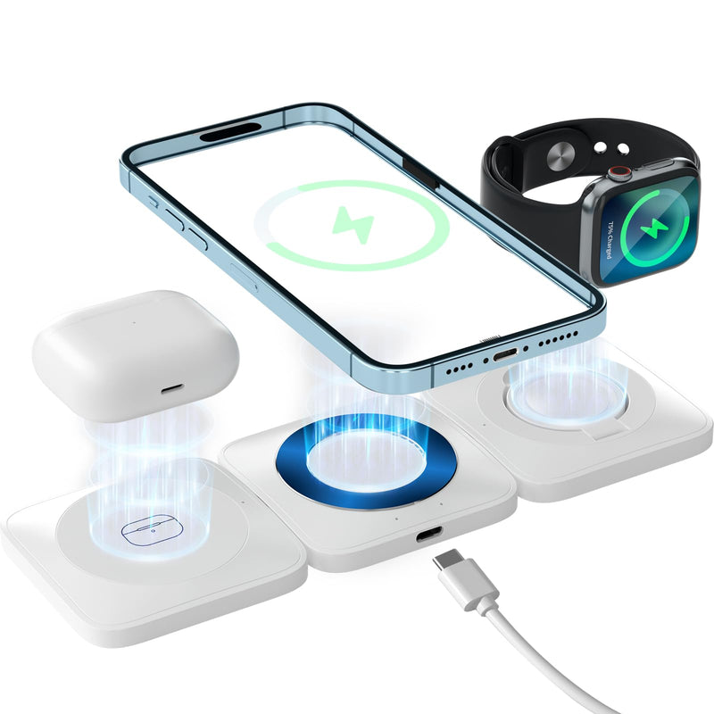 [Australia - AusPower] - 3 in 1 Magnetic Wireless Charger, Wireless Charging Station for Travel, Compatible with iPhone Multiple Devices Apple Watch/iWatch/Airpods/iPhone 14 13 12 Pro Max Series - White 