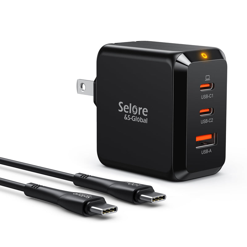 [Australia - AusPower] - USB C Charger Block, SELORE 67W Fast Charging Adapter PPS, 3-Port GaN Charger Foldable Compact Wall Charger with USB-C Cable for MacBook Pro/Air, iPad Pro, Galaxy S23/S22, iPhone 14, Dell XPS, Laptop Black 