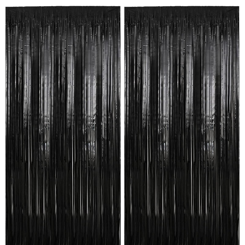 [Australia - AusPower] - 2 Pack 3.2 ft x 9.8 ft Black Tinsel Curtain Party Backdrop Decorations, Metallic Foil Fringe Backdrop Door for Halloween, Christmas, Birthday Graduation Wedding Party Streamers Photo Backdrop. 