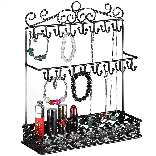 Black Metal Jewelry Holder Organizer Stand Necklace Holder Stand with 32 Hooks and Tray for Woman Rose Tray