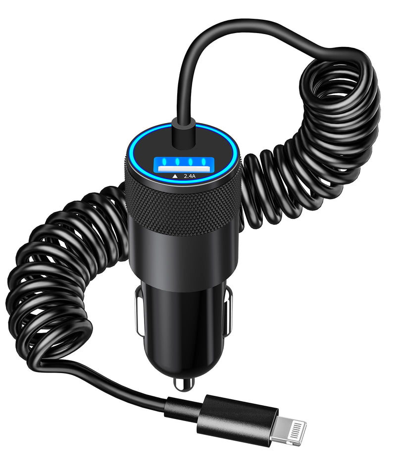[Australia - AusPower] - 【MFi Certified】iPhone Fast Car Charger, Caiinei 4.8A Dual USB Power Car Charger Fast Charging Cigarette Lighter Adapter+6FT Coiled Lightning Cable for iPhone 14 13 12 11 Pro/XS Max/Mini/XR/X/8/SE/iPad Ceramic Black 