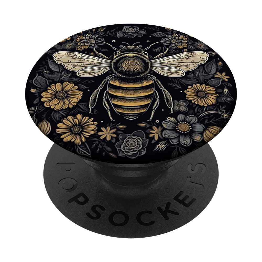 [Australia - AusPower] - Bee Honeybee Bumblebee Flowers Boho Graphic PopSockets Swappable PopGrip Black 