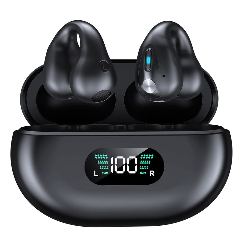 [Australia - AusPower] - Alpha Digital Wireless Ear Clip Bone Conduction Earbuds, Bluetooth 5.3, Up to 18 Hours Playtime, 350mAh Battery, Lightweight, Wireless Bluetooth Earbuds for Cycling, Sport, Running, Driving Black 
