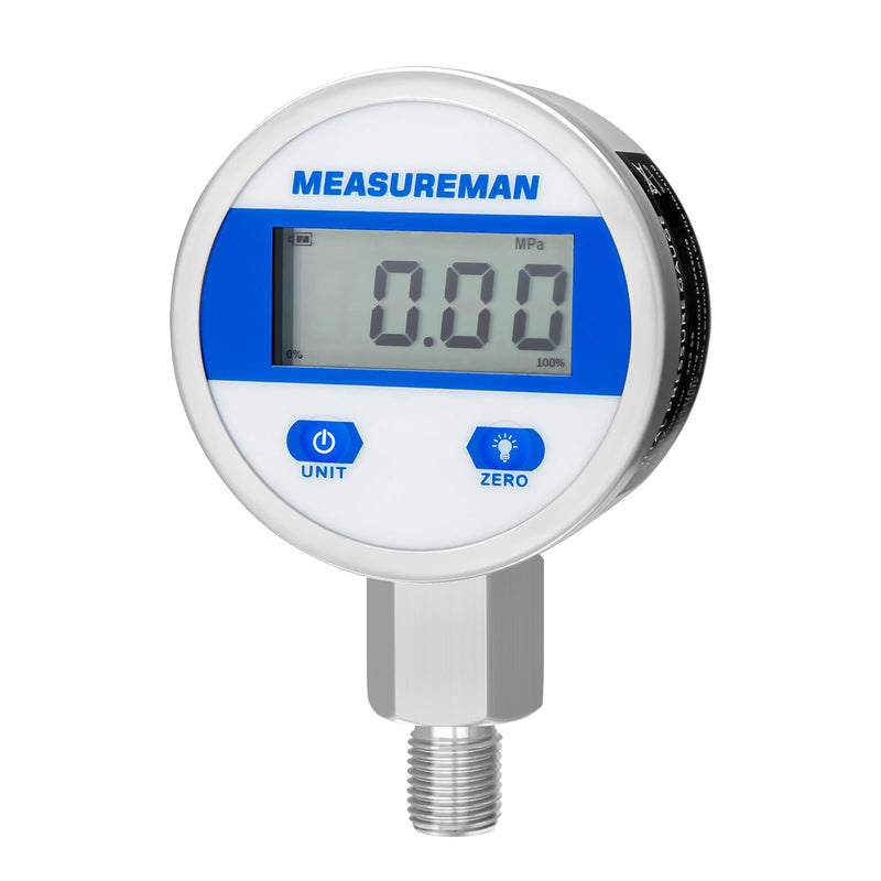 [Australia - AusPower] - MEASUREMAN 2-1/2" dial, Digital Hydraulic Industrial Pressure Gauge with 1/4" NPT Lower Mount, Stainless Steel case and Connection, 200psi/14bar, 1%,Battery Powered, with LED Light 2-1/2" Dial, 0-200psi 1% 