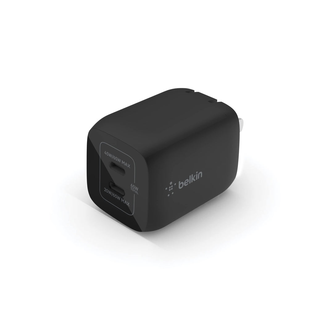 [Australia - AusPower] - Belkin 65W Dual USB-C Wall Charger, Fast Charging Power Delivery 3.0 with GaN Technology for iPhone 14, 13, Pro, Pro Max, Mini, iPad Pro 12.9, MacBook, Galaxy S23, S23+, Ultra, Tablet, More - Black 