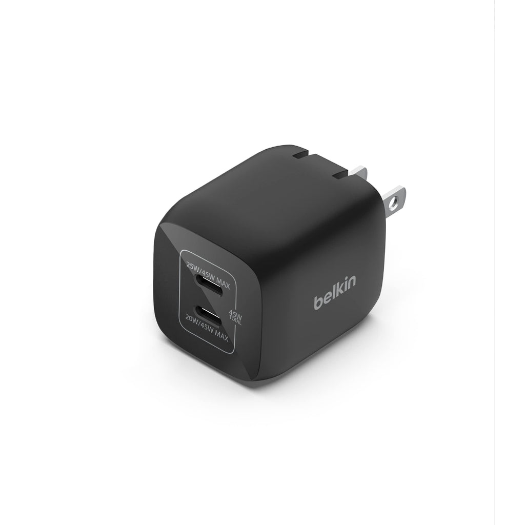 [Australia - AusPower] - Belkin 45W Dual USB-C Wall Charger, Fast Charging Power Delivery 3.0 with GaN Technology for iPhone 14, 13, Pro, Pro Max, Mini, iPad Pro 12.9, MacBook, Galaxy S23, S23+, Ultra, Tablet, More - Black 