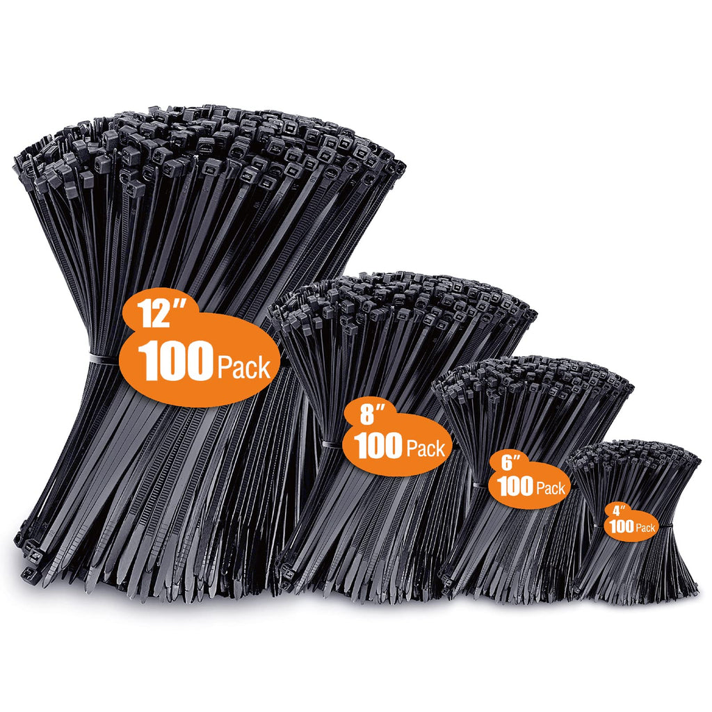 Zip Ties Assorted Sizes(4+6+8+12), 400 Pack, Black Cable Ties, UV Resistant Wire Ties by ANOSON 4+6+8+12 (400 Pack)