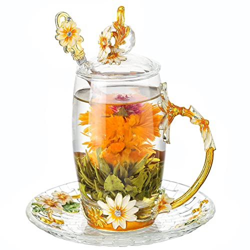 Floral Yellow 12oz Hand Painted Glass Teacup with Lid, Spoon & Saucer - Gift for Mom, Teacher, Lovers - Christmas, Valentine's Day, Mother's Day 12oz Crystal Daisy