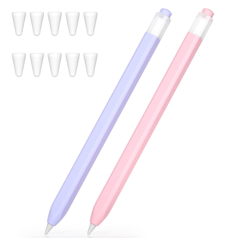 [Australia - AusPower] - JOOSKO 2 Pac Compatible with Apple Pencil 1st Generation Case Apple Pencil Grip Case, Classic Design, Soft and Lightweight Silicone Pencil Protector and 10 Pencil Tip Cover (Powder, Purple) Powder, Purple 