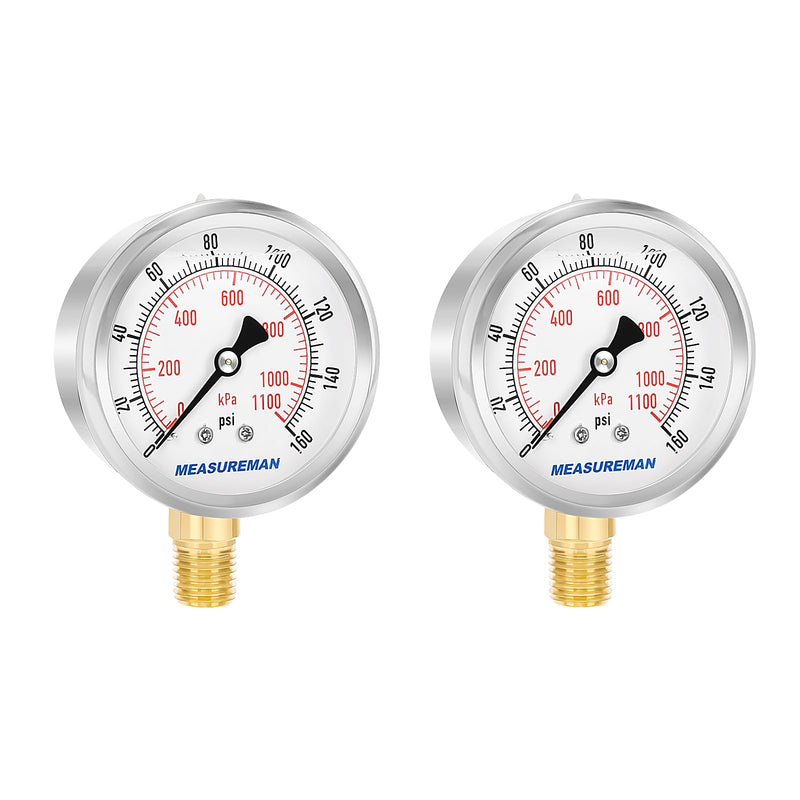 [Australia - AusPower] - MEASUREMAN 2-1/2" Dial Size, Glycerin Filled Pressure Gauge, 0-160psi/kpa, 304 Stainless Steel Case, 1/4" NPT Lower Mount 2 Pack 0-160 psi / 2PCS 