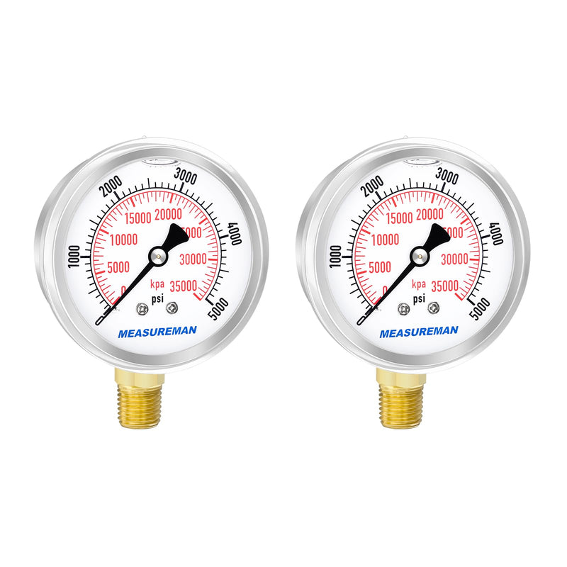 [Australia - AusPower] - MEASUREMAN 2-1/2" Dial Size, Liquid Filled Hydraulic Pressure Gauge, 0-5000psi/kpa, 304 Stainless Steel Case, 1/4" NPT Lower Mount 2 Pack 0-5000 psi / 2PCS 