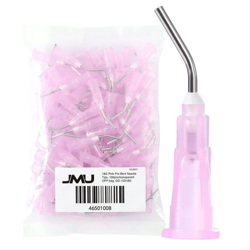 [Australia - AusPower] - JMU 100Pcs Bent Dispensing Tips 18g, Blunt Tip Dispensing Needle, Dental Pre Bent Flow Dispensing Etch Tips, Disposable Oral Irrigation Needle Tips, Pink 100 