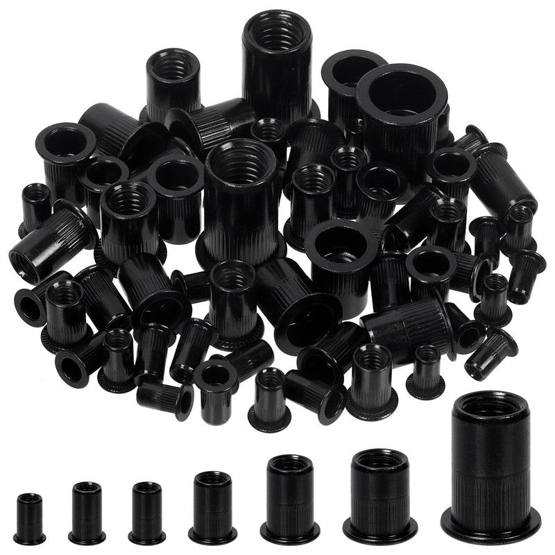 [Australia - AusPower] - Glarks 100Pcs 1/4”-20UNC Rivet Nuts Kit Black Zinc Plated Carbon Steel Flat Head Rivnut Threaded Insert Rivet Nuts Assortment Set 1/4"-20UNC 