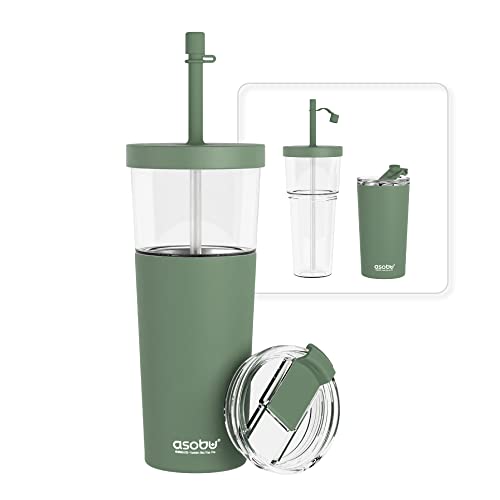 asobu ClearInsulation Straw Tumbler Marina a Tritan 28 oz Tumbler with 17 Oz Stainless Steel Insulated Sleeve for Ice Coffee or Hot Tea with a Flexi Straw Spill Proof Lid and a Flip Open Lid Basil Green 28 Ounce